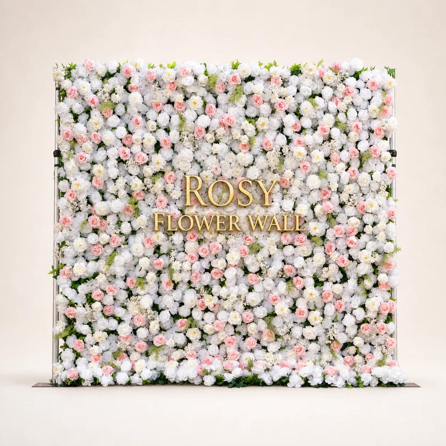 Artificial flower wall front view with gold Rosy Flower Wall logo on warm white background