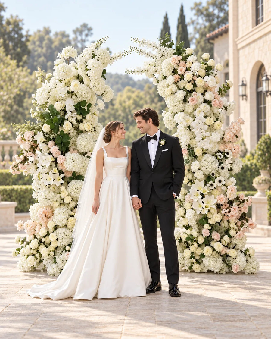 Champagne Ivory Rose Wedding Flower Arch in an AI-styled wedding scene