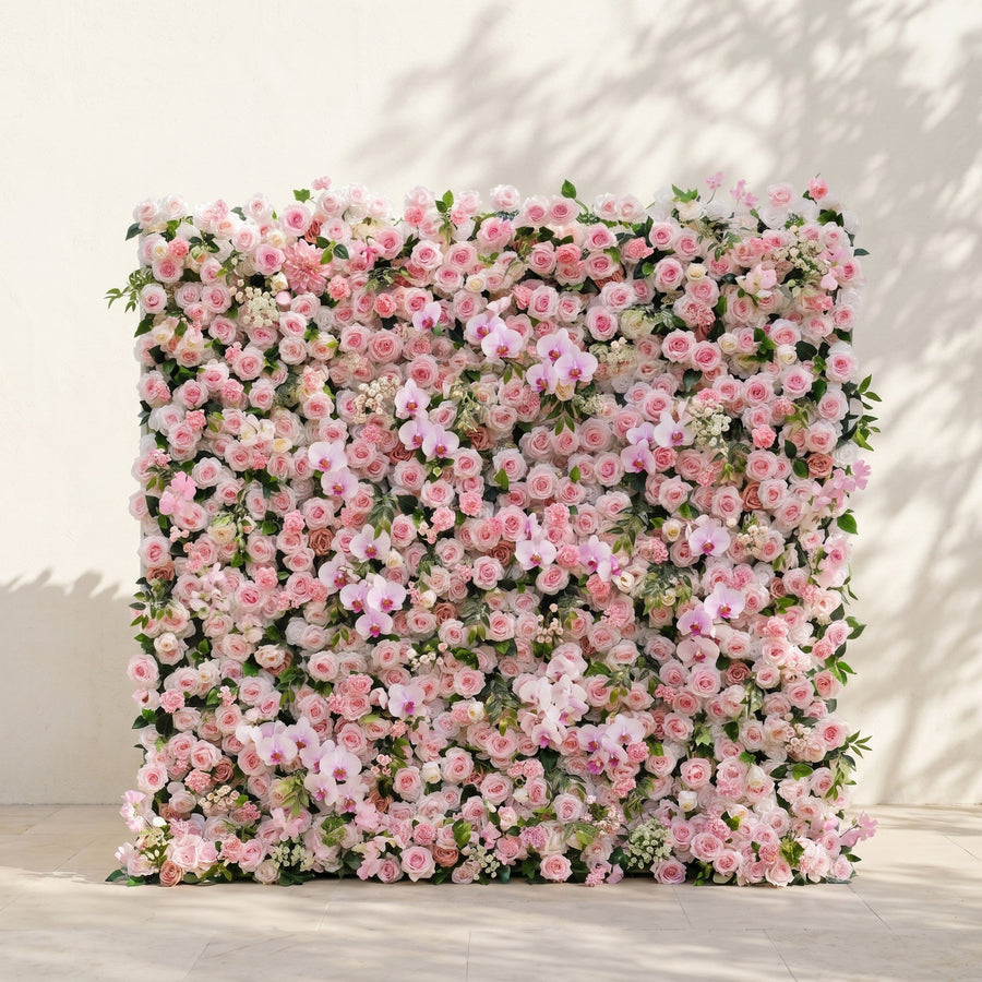 Cherry blossom pink silk flower wall with orchid accents