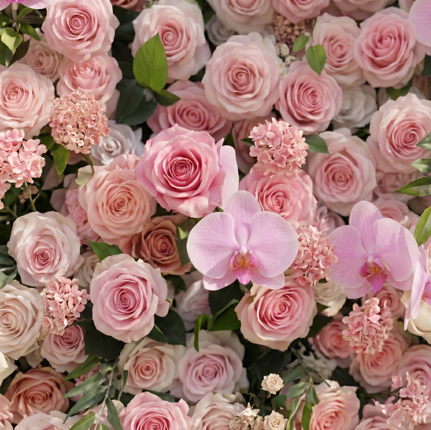 Close-up of pink silk flower wall with orchid accents