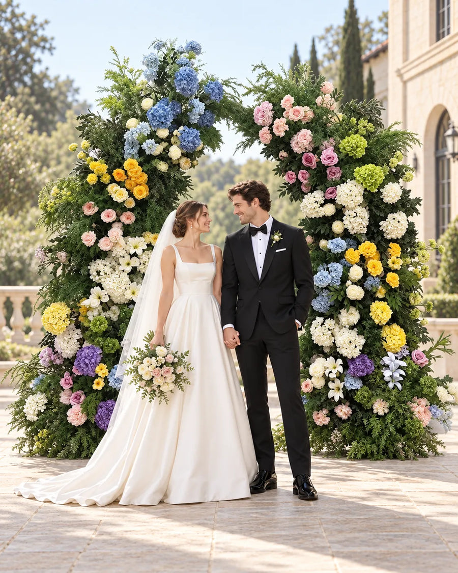Colorful Garden Wedding Flower Arch in an AI-styled wedding scene