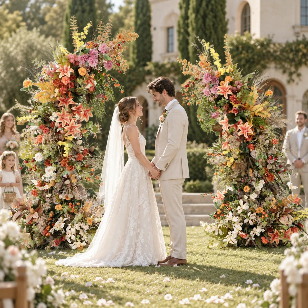 Horn Floral Arch for Wedding Ceremony & Reception – Bridal Backdrop & Photo Zone Decoration in an AI-styled wedding scene