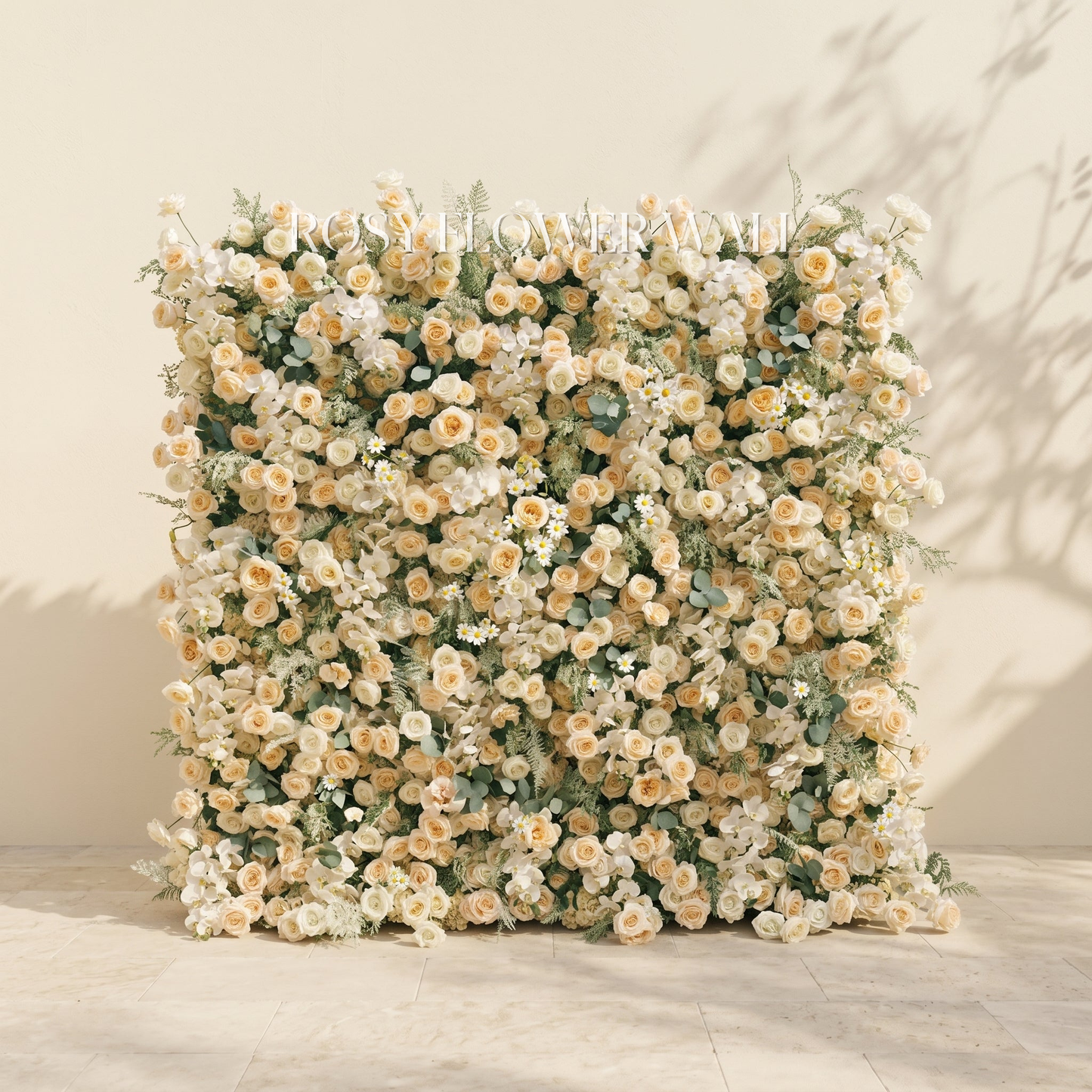 Cream and champagne flower wall with transparent Rosy Flower Wall logo