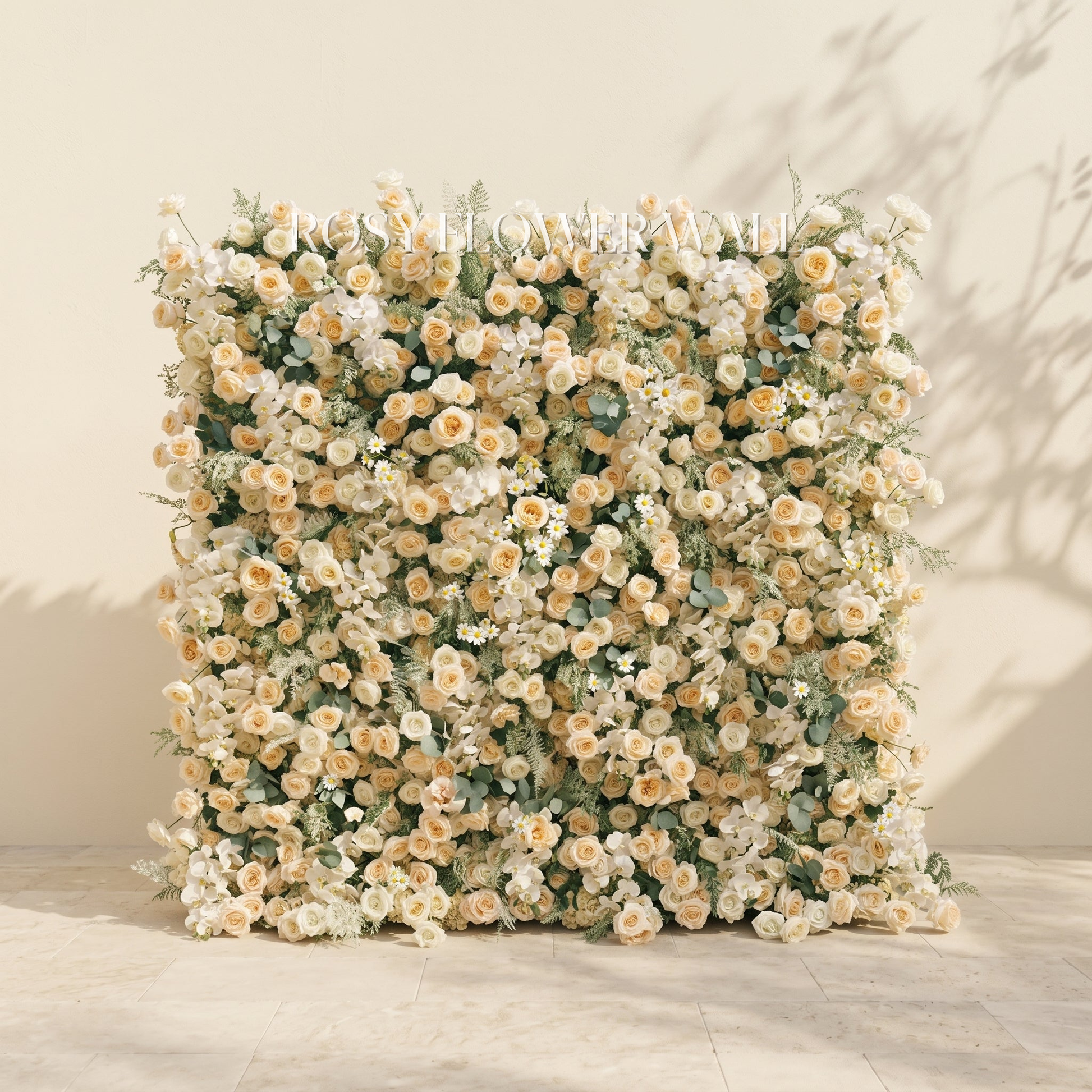 Cream and champagne flower wall with transparent Rosy Flower Wall logo