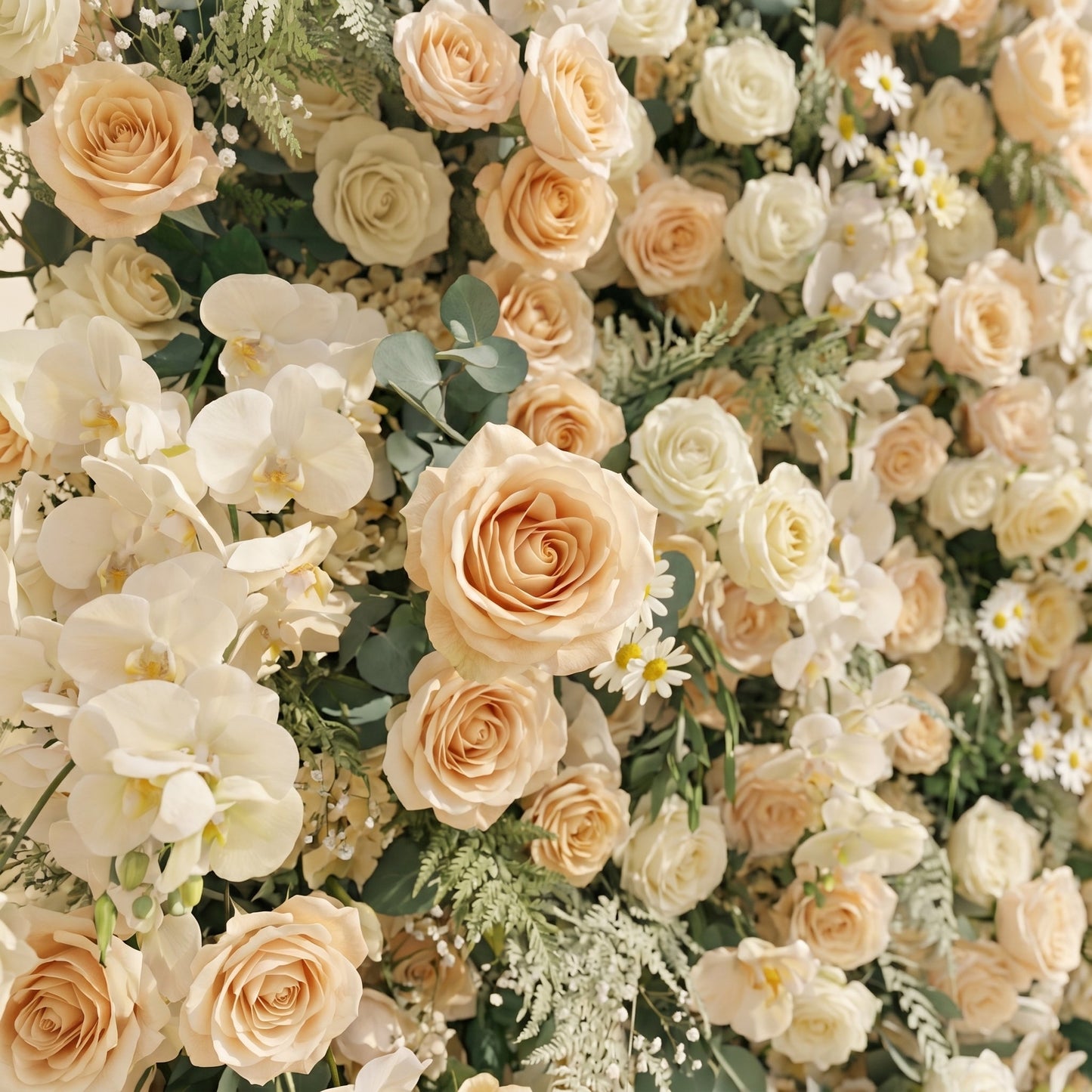 Cream and champagne silk flower wall close-up