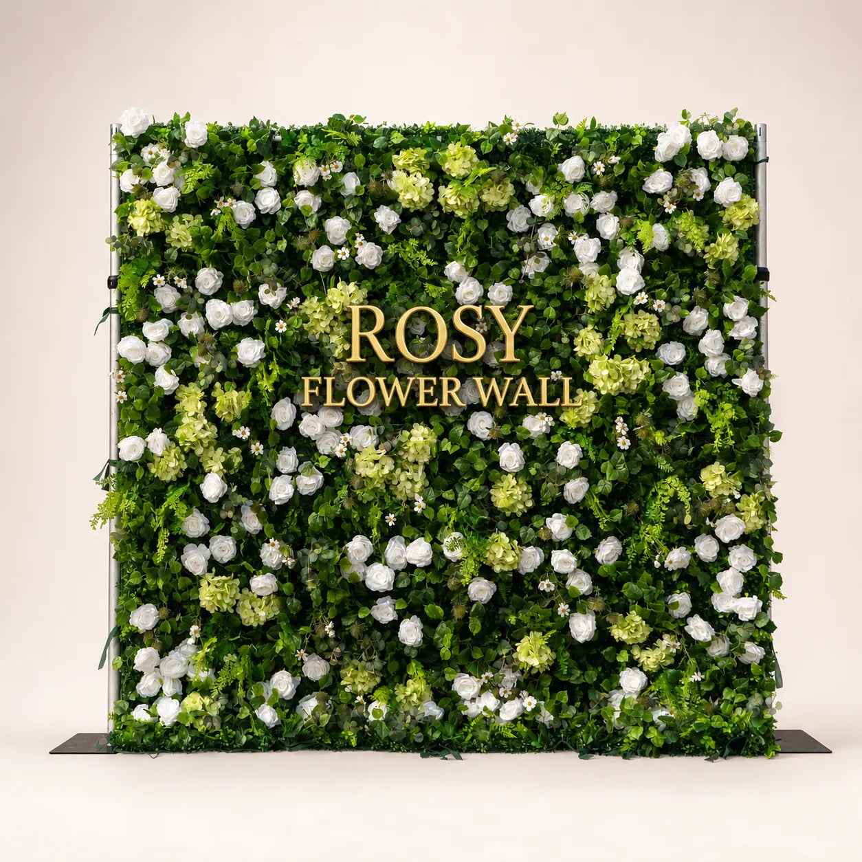 Artificial flower wall front view with gold Rosy Flower Wall logo on warm white background