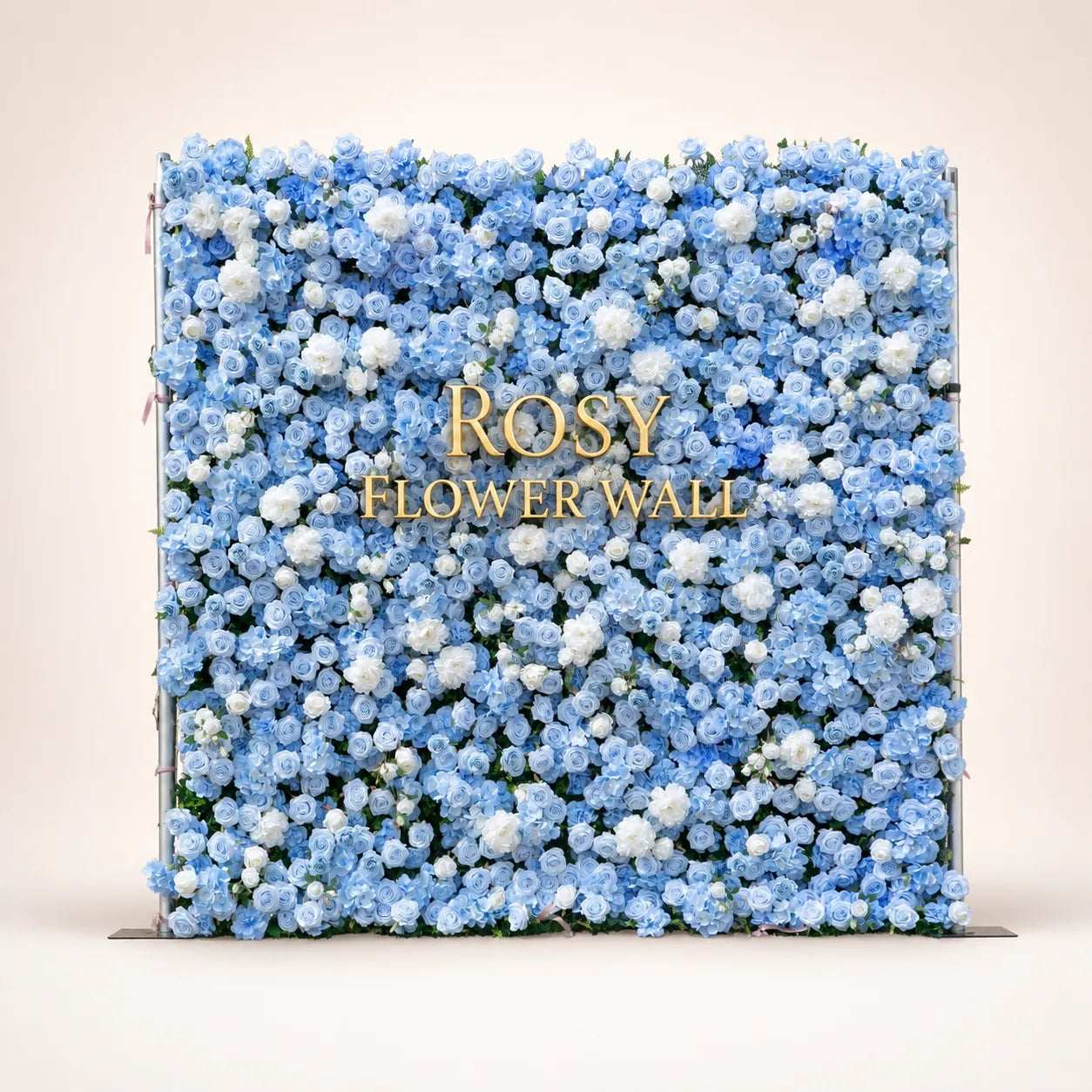 Artificial flower wall front view with gold Rosy Flower Wall logo on warm white background