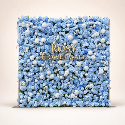 Artificial flower wall front view with gold Rosy Flower Wall logo on warm white background