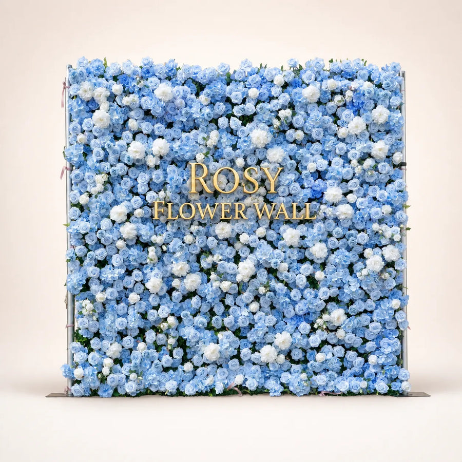 Artificial flower wall front view with gold Rosy Flower Wall logo on warm white background
