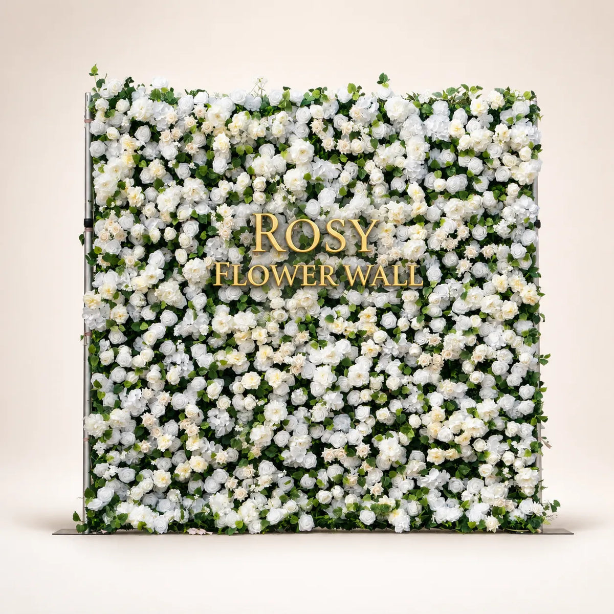 Artificial flower wall front view with gold Rosy Flower Wall logo on warm white background
