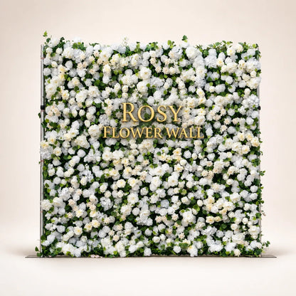 Artificial flower wall front view with gold Rosy Flower Wall logo on warm white background