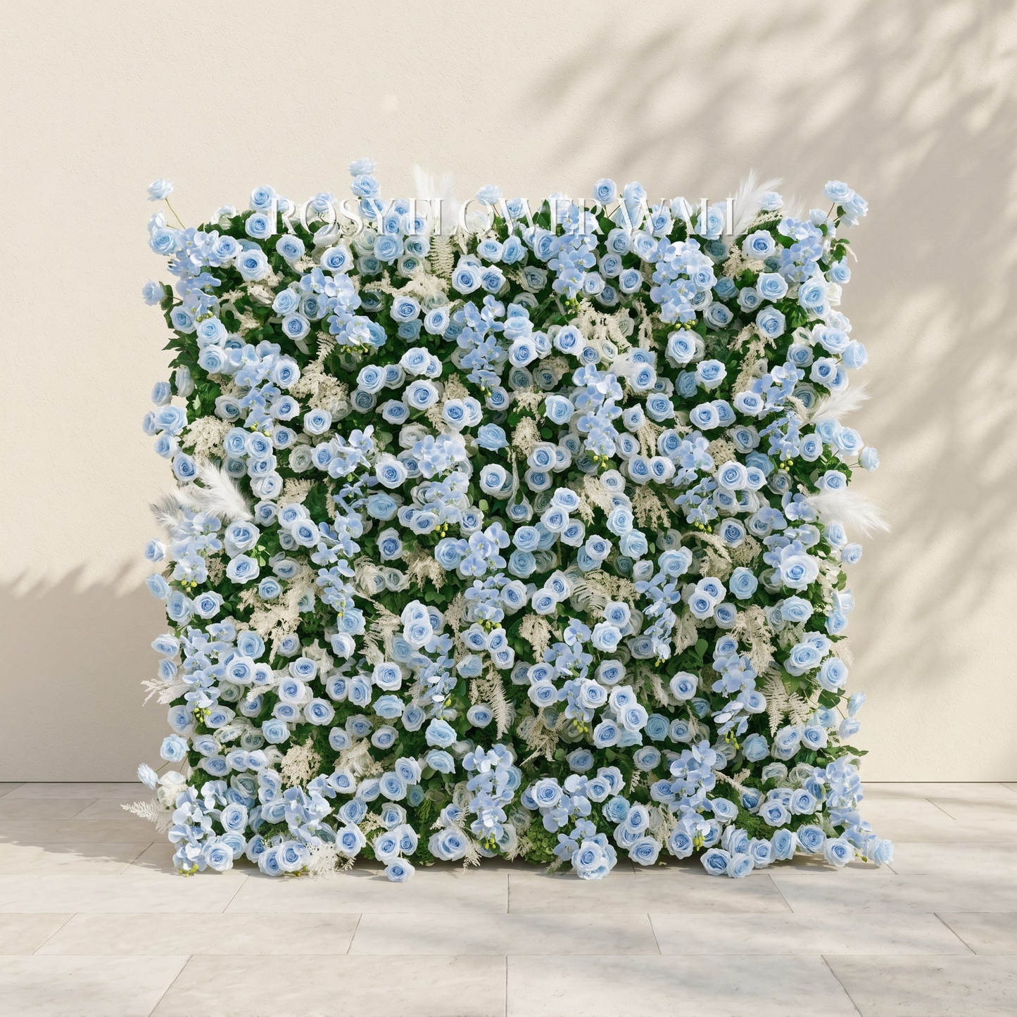 Dusty blue and greenery flower wall with transparent Rosy Flower Wall logo