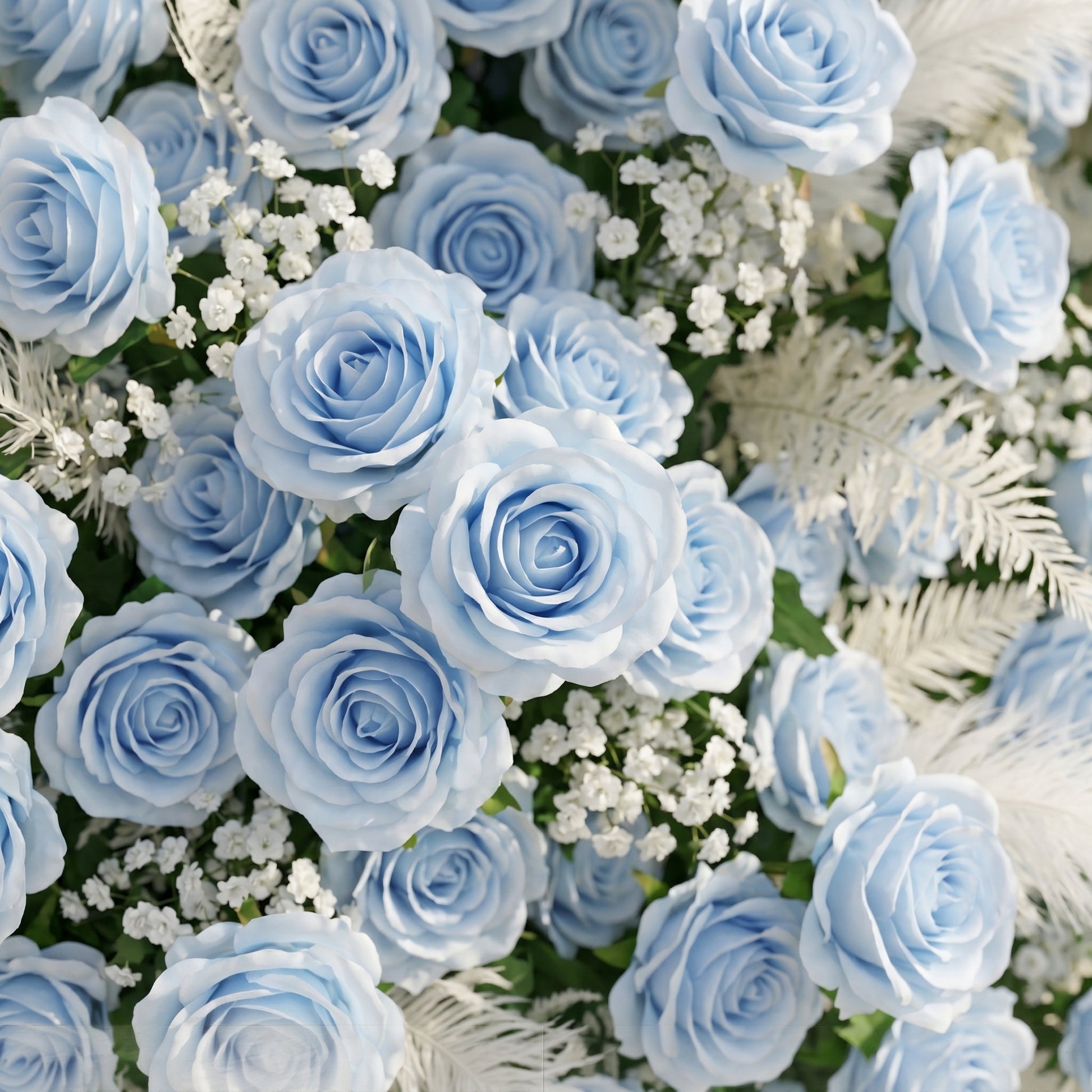 Dusty blue and greenery flower wall close-up