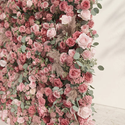 Dusty rose artificial flower wall with eucalyptus detail