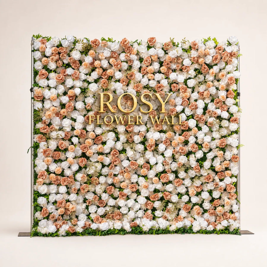 Artificial flower wall front view with gold Rosy Flower Wall logo on warm white background