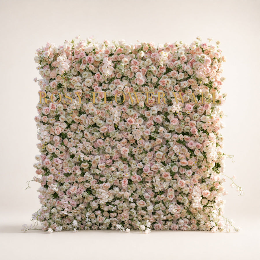 Elorelle blush and ivory flower wall with gold Rosy Flower Wall logo
