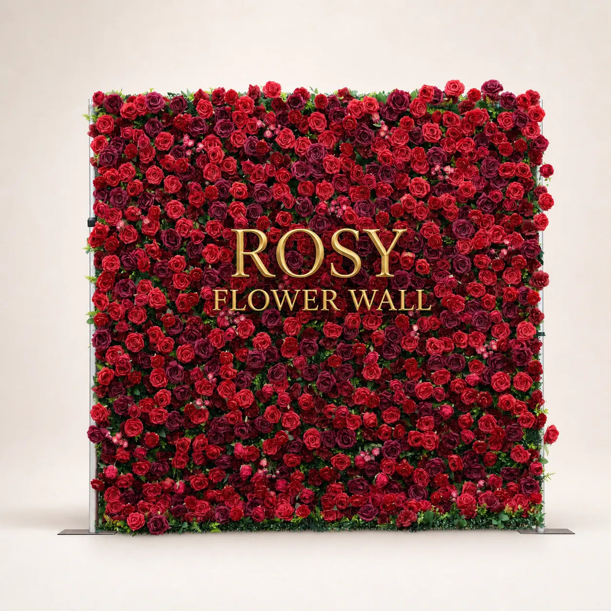 Artificial flower wall front view with gold Rosy Flower Wall logo on warm white background