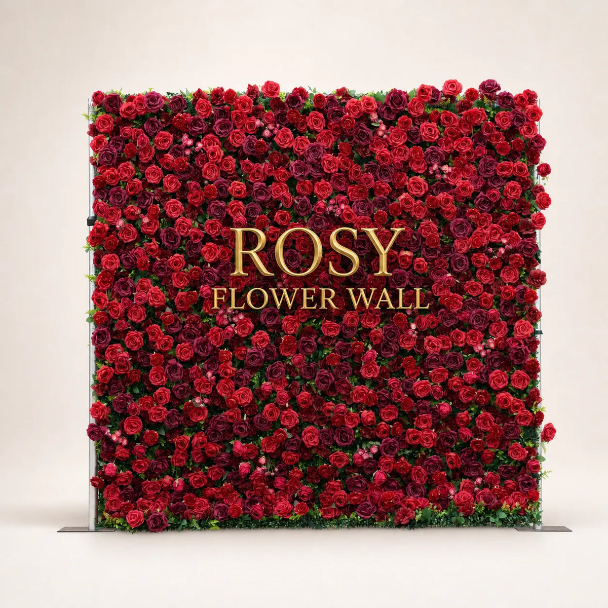 Artificial flower wall front view with gold Rosy Flower Wall logo on warm white background