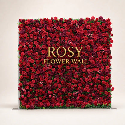 Artificial flower wall front view with gold Rosy Flower Wall logo on warm white background