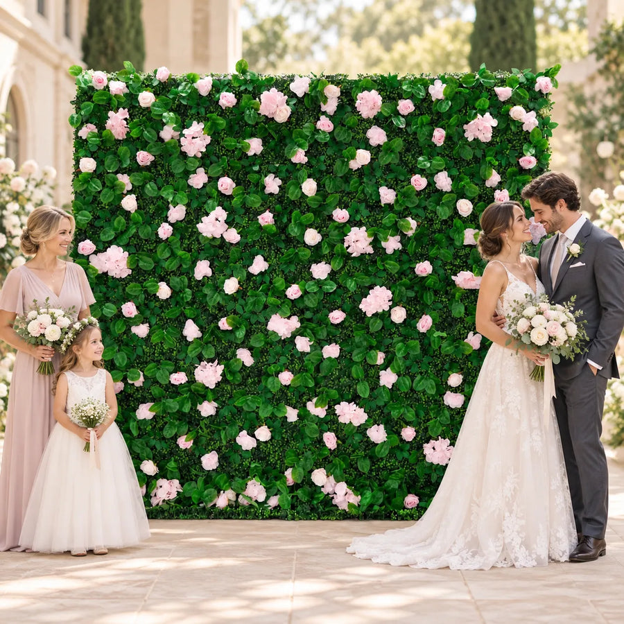 Pink Rose Flower Wall Backdrop – 8 ft × 8 ft in an AI-styled wedding scene