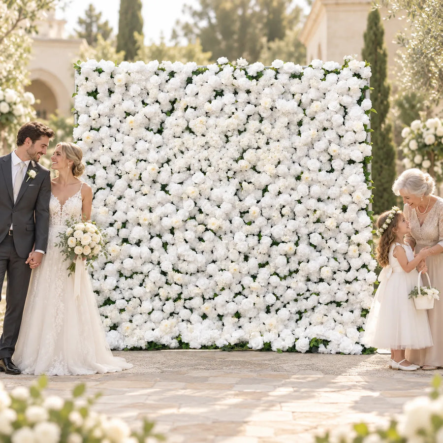 Fabric Artificial White Roll-Up Flower Wall in an AI-styled wedding scene