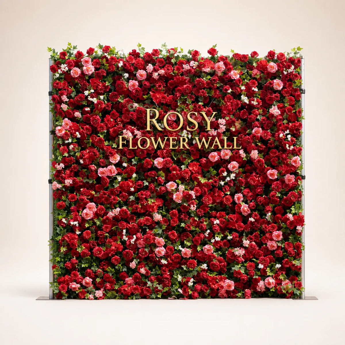 Artificial flower wall front view with gold Rosy Flower Wall logo on warm white background