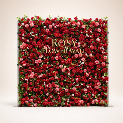 Artificial flower wall front view with gold Rosy Flower Wall logo on warm white background