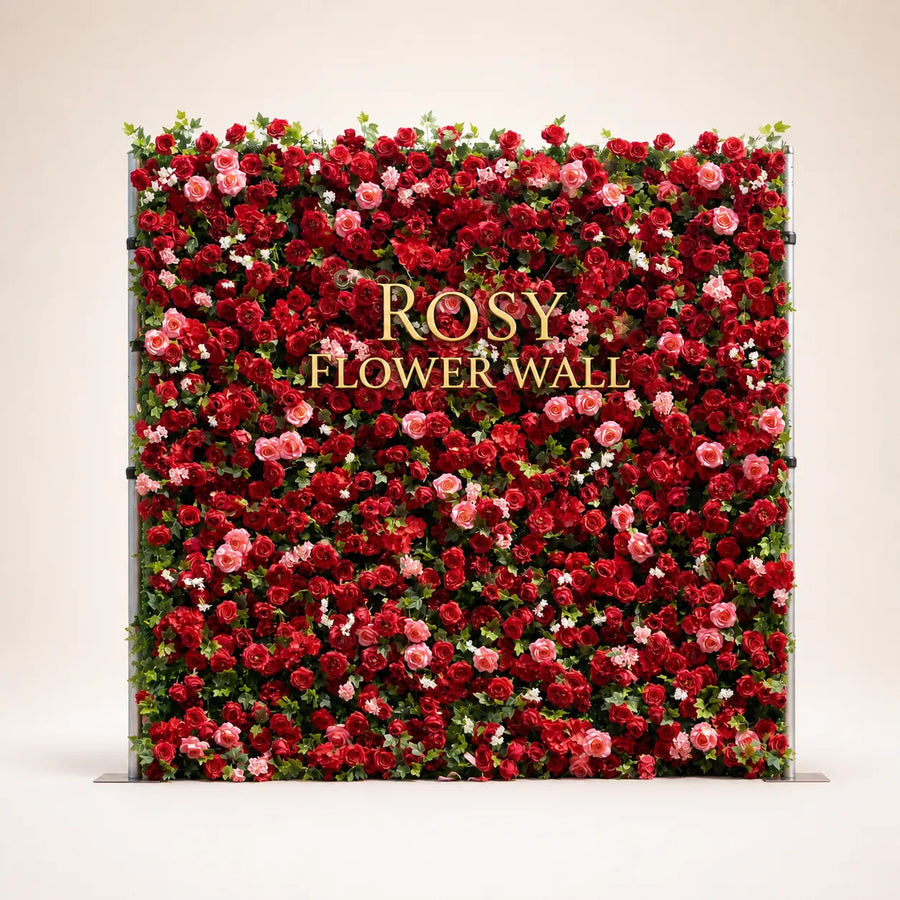 Artificial flower wall front view with gold Rosy Flower Wall logo on warm white background