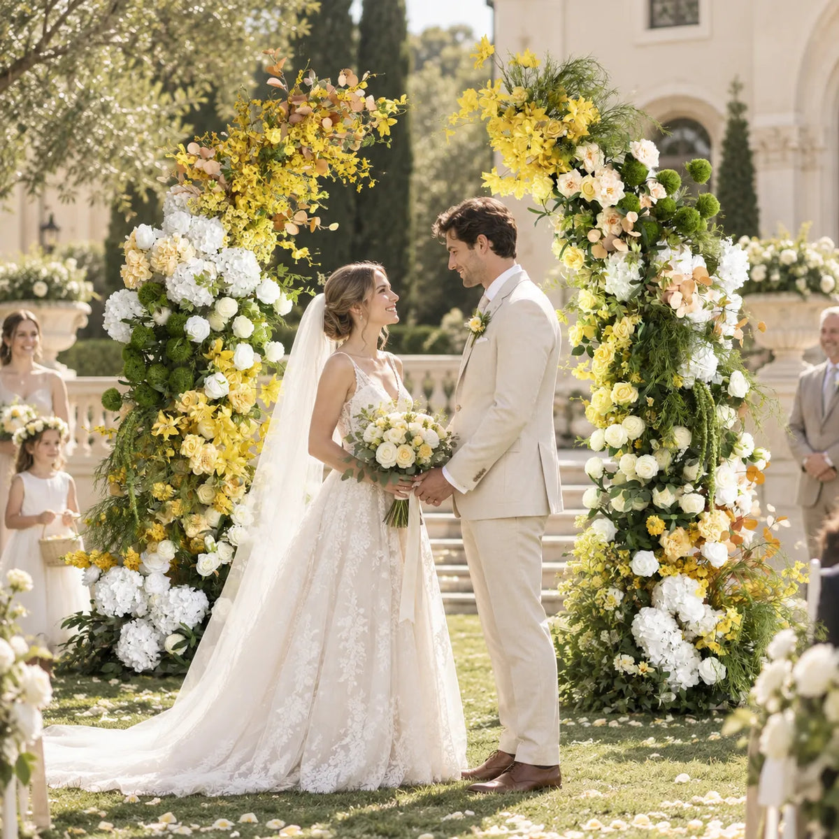 Floral Wedding Arch for Ceremony & Reception – Bridal Backdrop Decoration in an AI-styled wedding scene