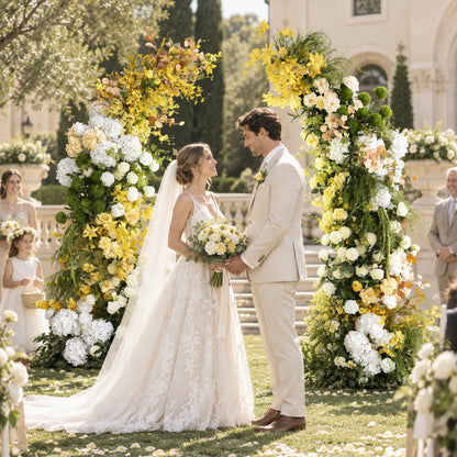 Floral Wedding Arch for Ceremony & Reception – Bridal Backdrop Decoration in an AI-styled wedding scene