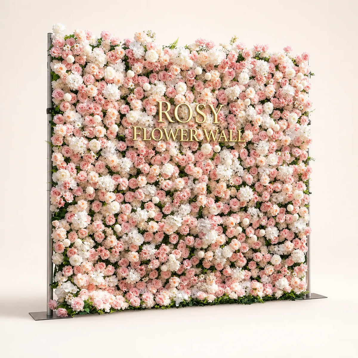 Artificial flower wall side view with gold Rosy Flower Wall logo on warm white background