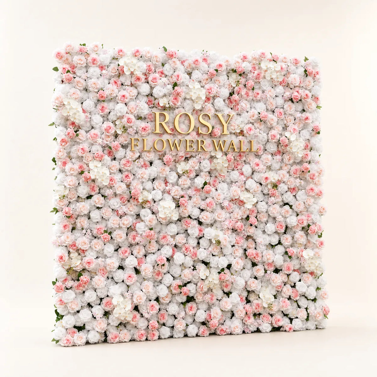 Artificial flower wall side view with gold Rosy Flower Wall logo on warm white background