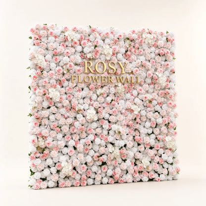 Artificial flower wall side view with gold Rosy Flower Wall logo on warm white background