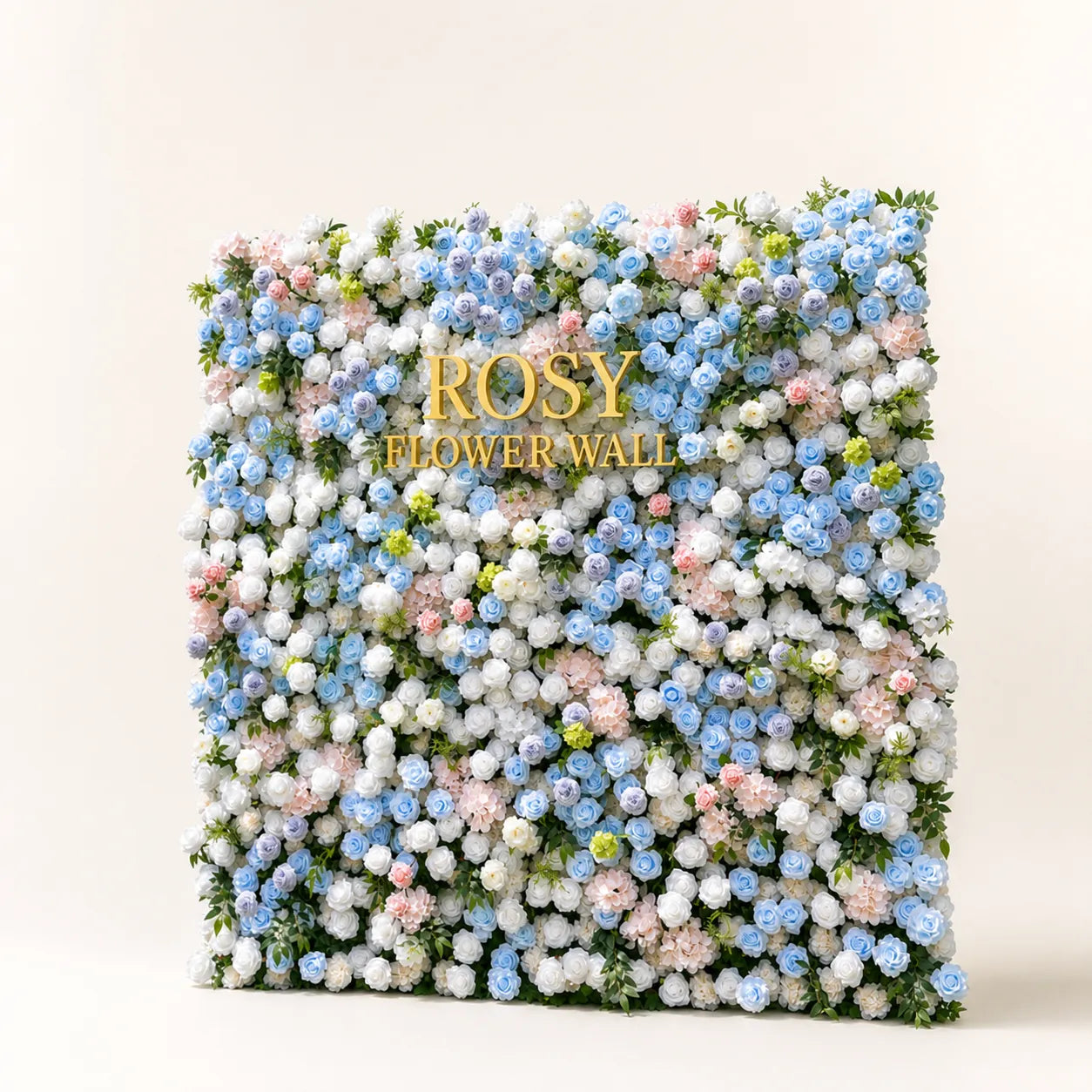 Artificial flower wall side view with gold Rosy Flower Wall logo on warm white background