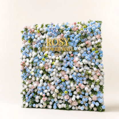 Artificial flower wall side view with gold Rosy Flower Wall logo on warm white background
