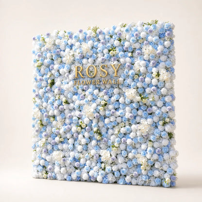 Artificial flower wall side view with gold Rosy Flower Wall logo on warm white background