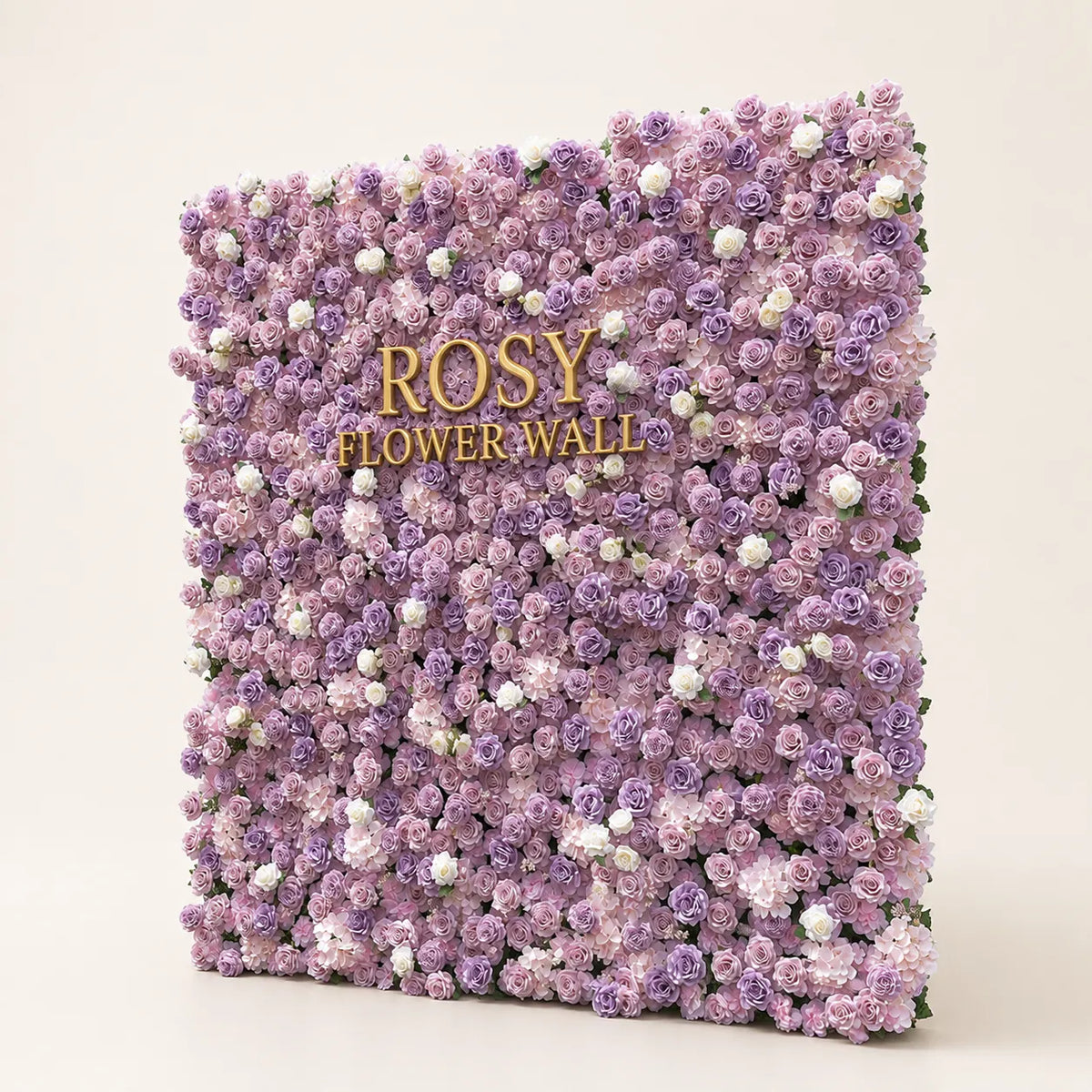 Artificial flower wall side view with gold Rosy Flower Wall logo on warm white background