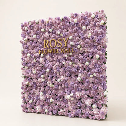 Artificial flower wall side view with gold Rosy Flower Wall logo on warm white background