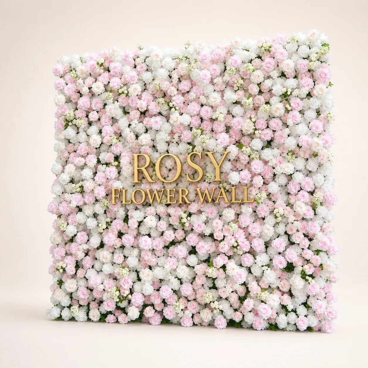 Artificial flower wall side view with gold Rosy Flower Wall logo on warm white background