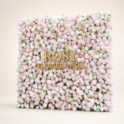 Artificial flower wall side view with gold Rosy Flower Wall logo on warm white background