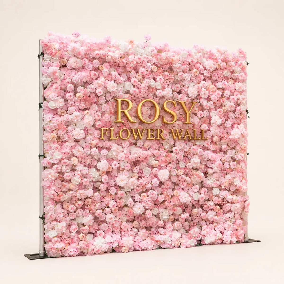 Artificial flower wall side view with gold Rosy Flower Wall logo on warm white background