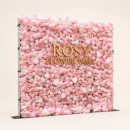Artificial flower wall side view with gold Rosy Flower Wall logo on warm white background