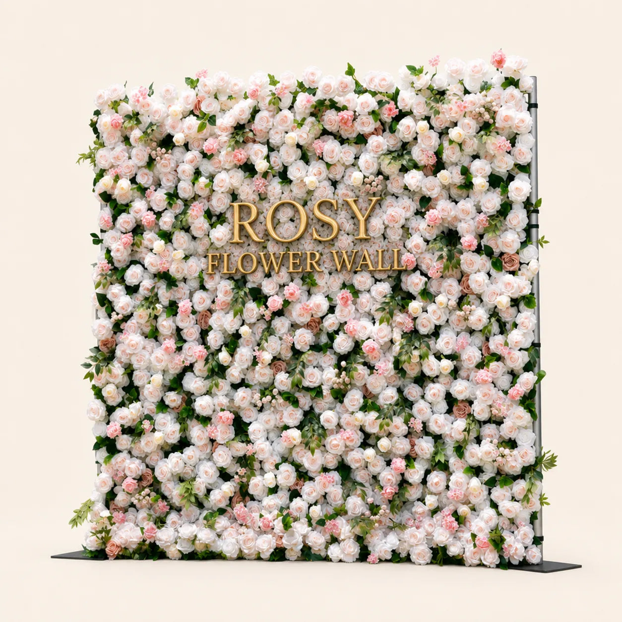 Artificial flower wall side view with gold Rosy Flower Wall logo on warm white background