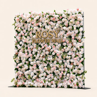 Artificial flower wall side view with gold Rosy Flower Wall logo on warm white background