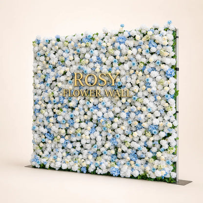 Artificial flower wall side view with gold Rosy Flower Wall logo on warm white background