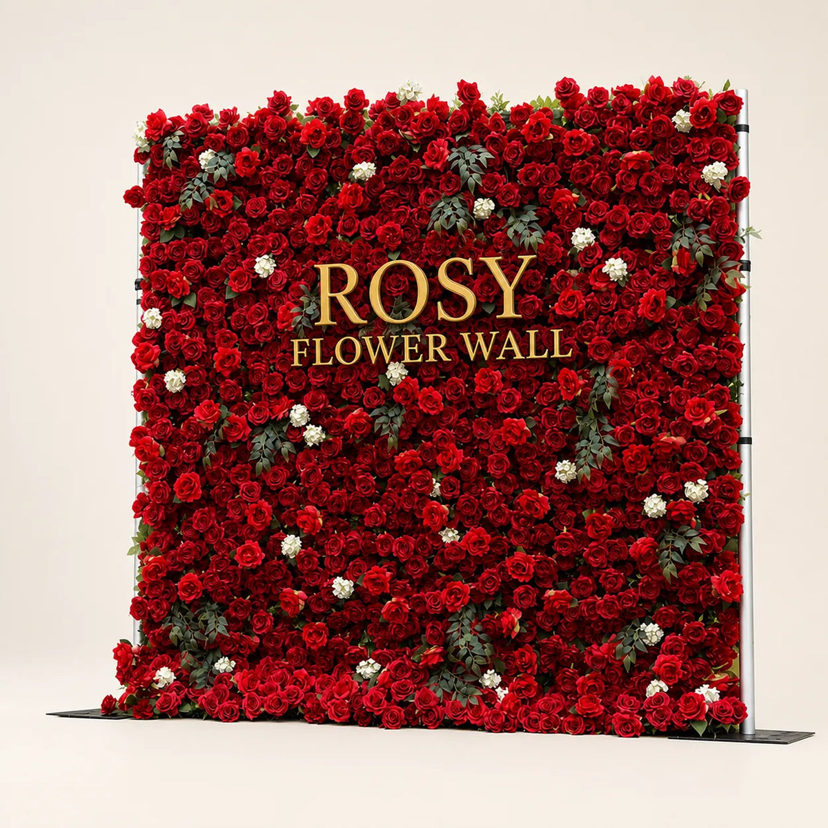 Artificial flower wall side view with gold Rosy Flower Wall logo on warm white background