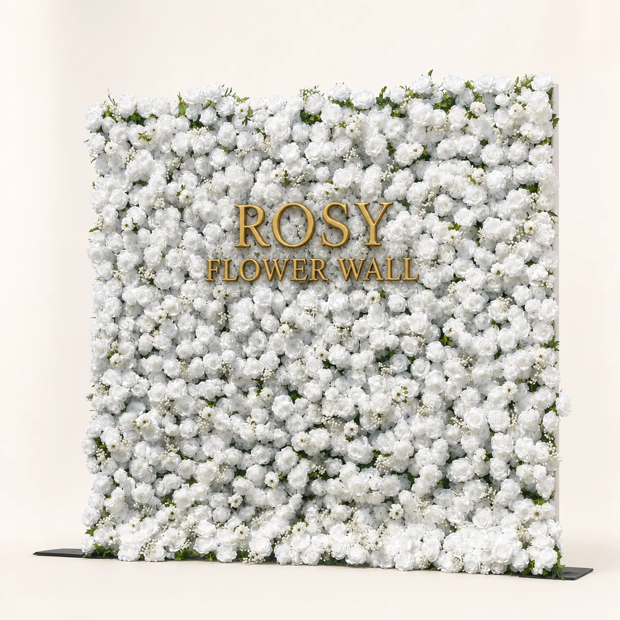 Artificial flower wall side view with gold Rosy Flower Wall logo on warm white background