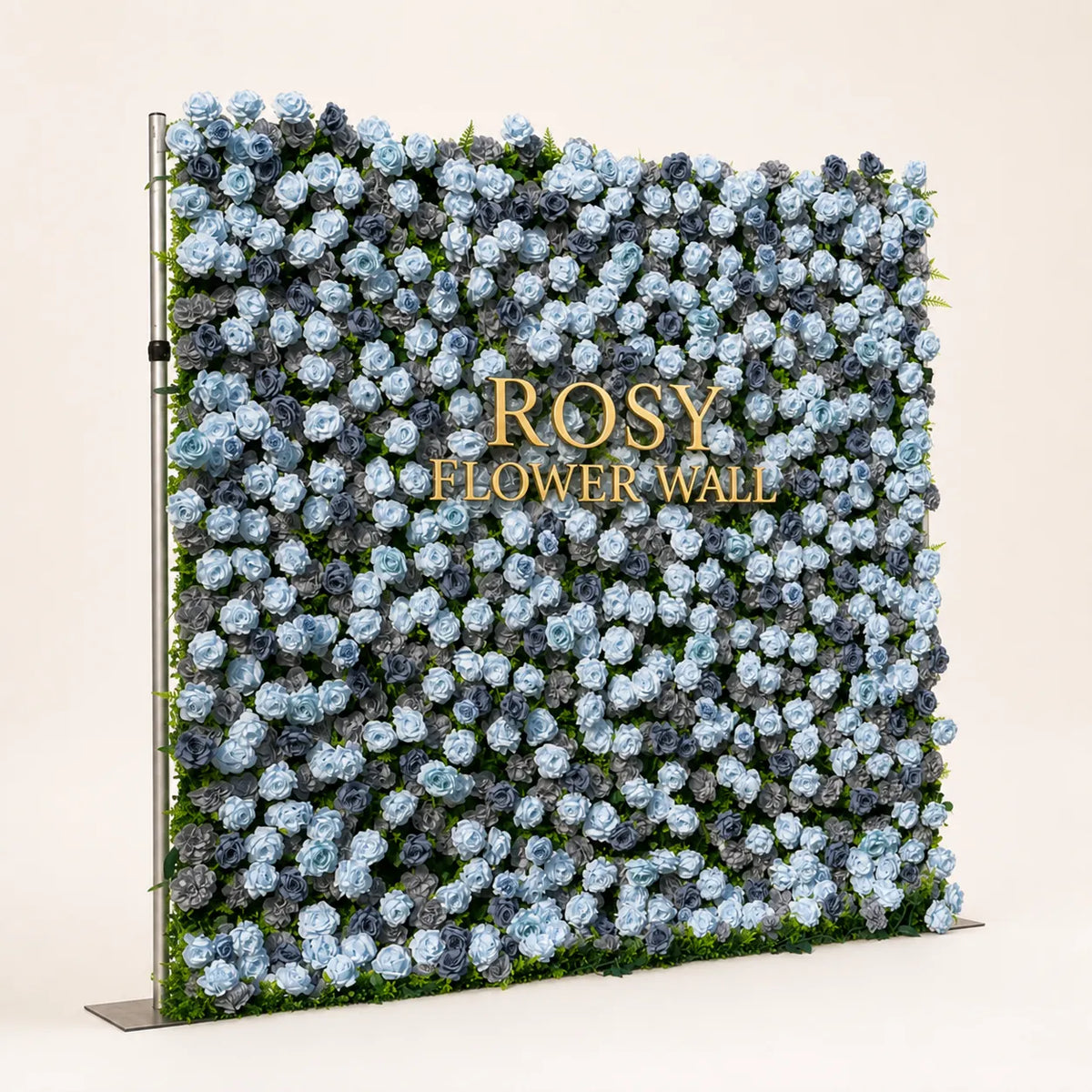 Artificial flower wall side view with gold Rosy Flower Wall logo on warm white background