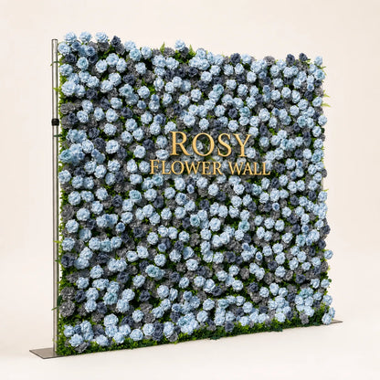 Artificial flower wall side view with gold Rosy Flower Wall logo on warm white background