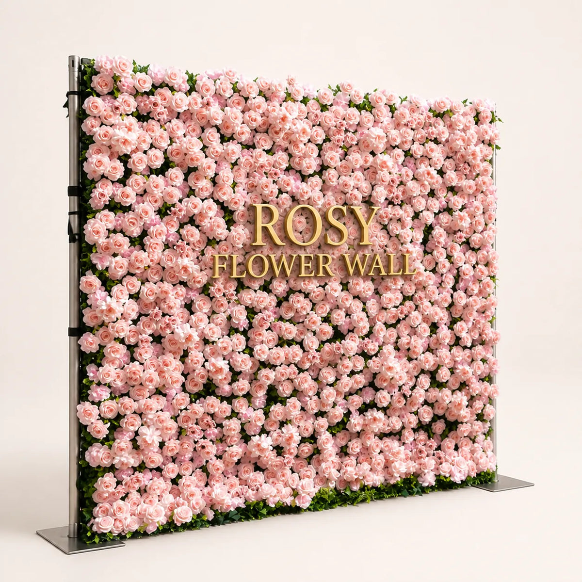 Artificial flower wall side view with gold Rosy Flower Wall logo on warm white background